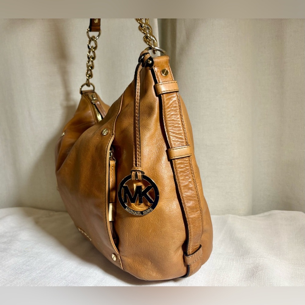 Michael Kors Bedford Large Leather Shoulder Bag Tan Luggage Brown Hobo - Picture 5 of 15